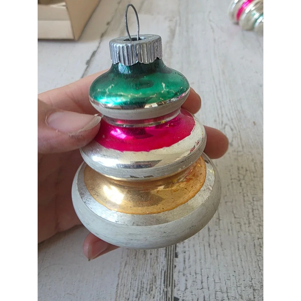 Vintage shiny Brite tree glass ornament striped Xmas copper orange red green